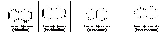 Casella di testo:  	   	   	     benzo[b]azina  (chinolina)	benzo[c]azina  (isochinolina)	benzo[b]ossolo  (cumarone)	benzo[c]ossolo  (isocumarone)